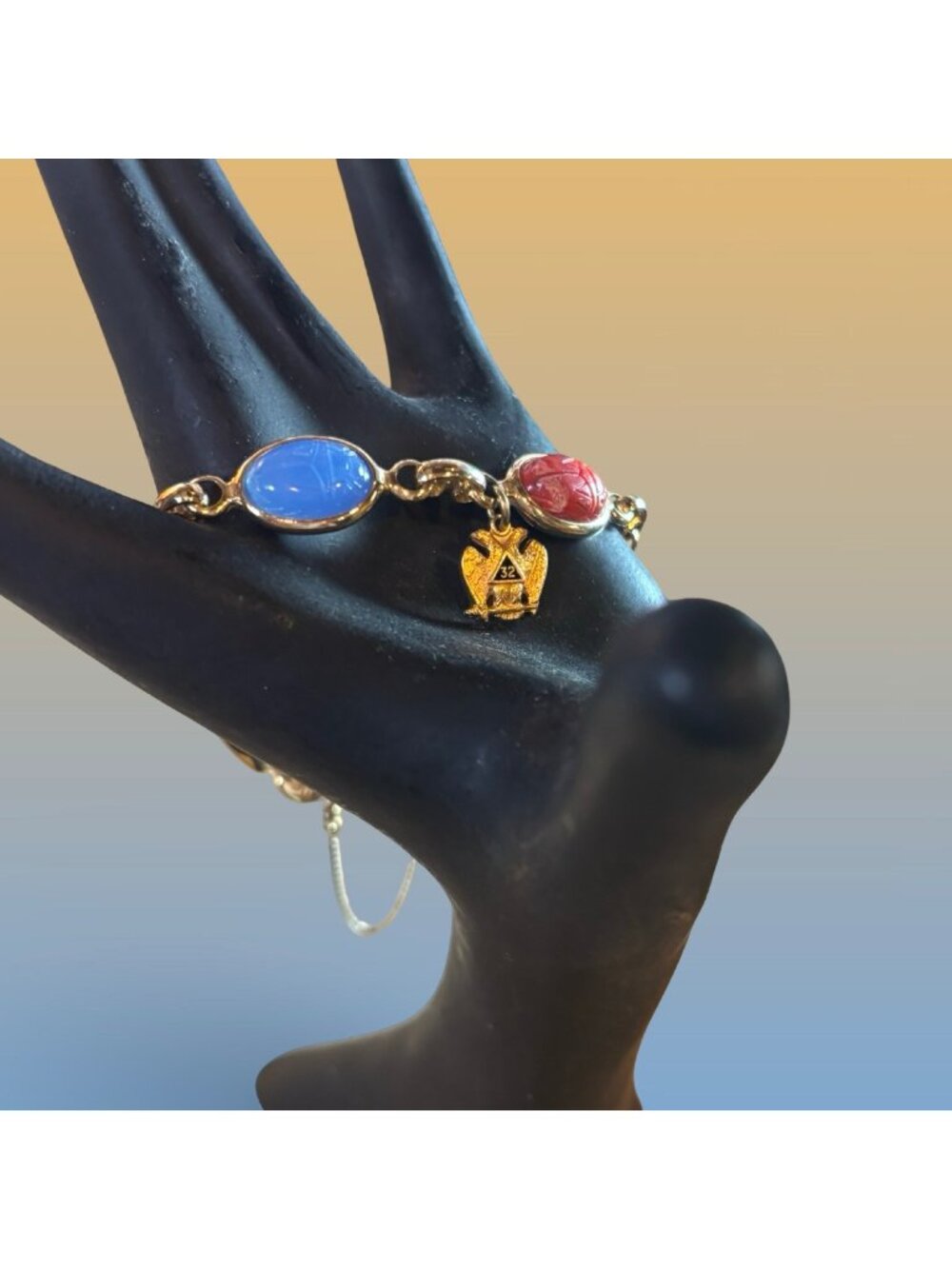 Masonic 32 Degree Scottish Rite Scarab Bracelet Gold Colored Carved Glass Stones